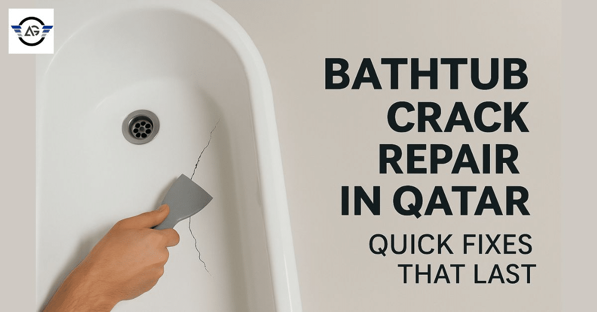 Person repairing cracked bathtub surface with putty knife in Qatar